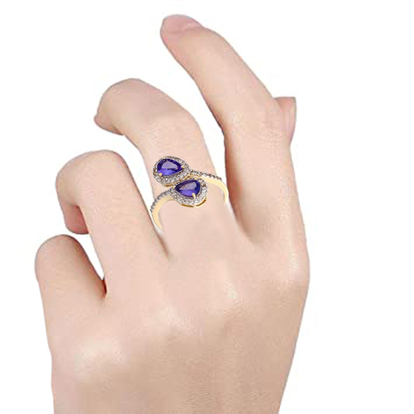 14k Solid Yellow Gold Tanzanite And White Zircon Bypass Ring