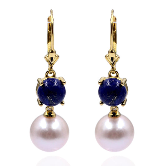 18k Yellow Gold Over Sterling Silver Pearl, Lapis Lazuli Gemstone Drop & Dangle Earrings