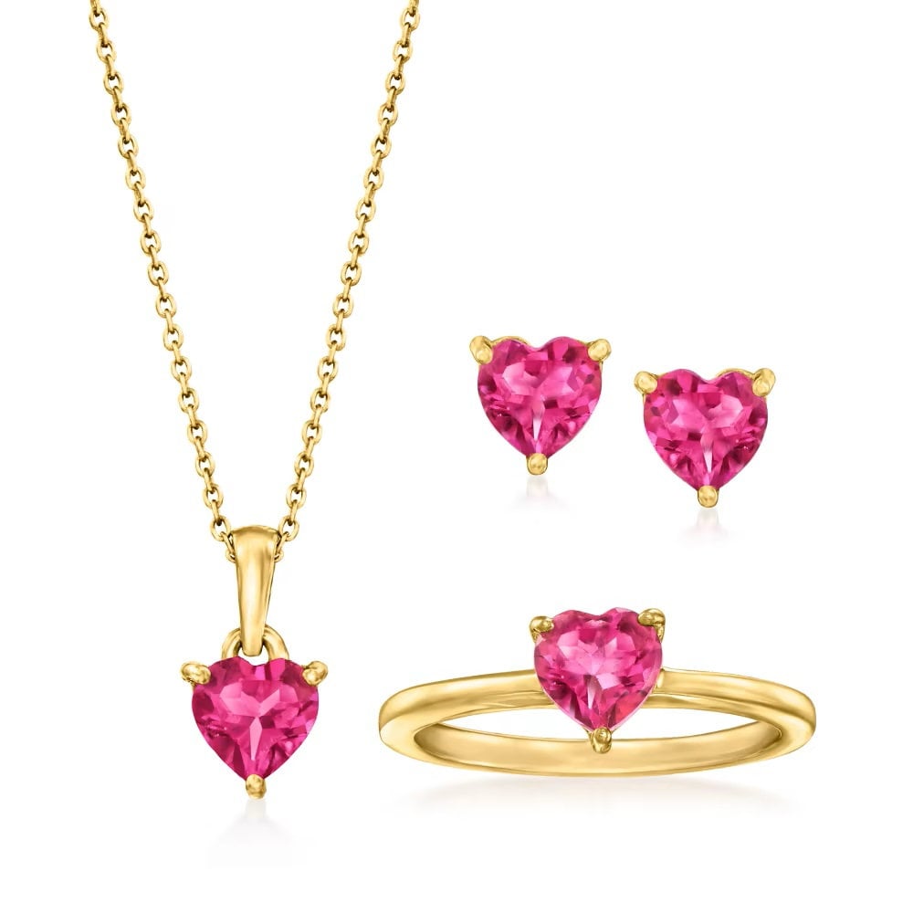 18k Yellow Gold Plated Over Sterling Silver Pink Topaz Gemstone Pendant, Earrings And Ring Jewelry Sets