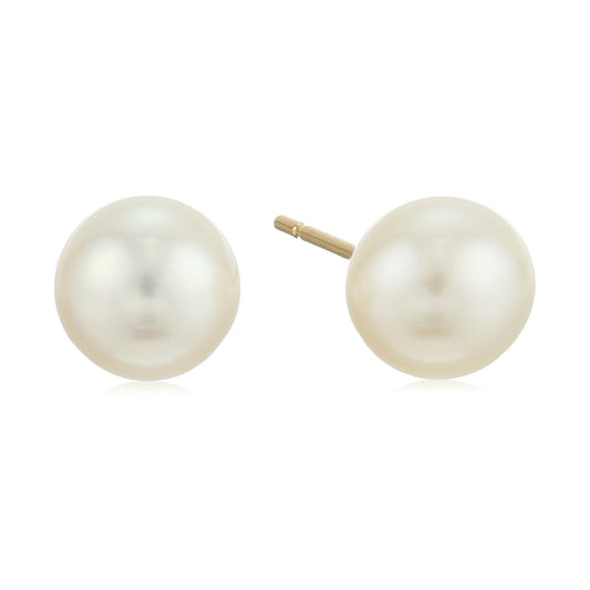 14KT Gold Fresh Water Pearl 7.5mm Round Stud Earrings For Women's And Girls