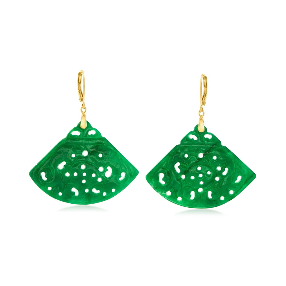 18k Yellow Plating Over Sterling Silver Dyed Green Jade Gemstone Earrings