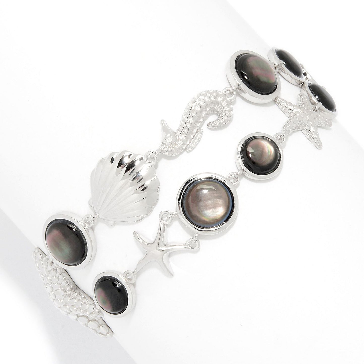 Pinctore Sterling Silver White Mother of Pearl Sea Life 2-Row Bracelet, Women Pearl Bracelet