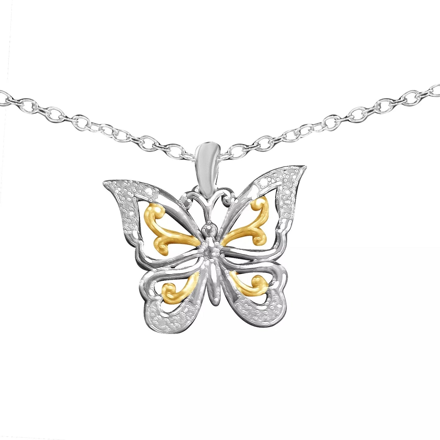 18-Inch Yellow-Plated Sterling Silver Necklace with 0.10 Ct Diamond Accent Butterfly Pendant