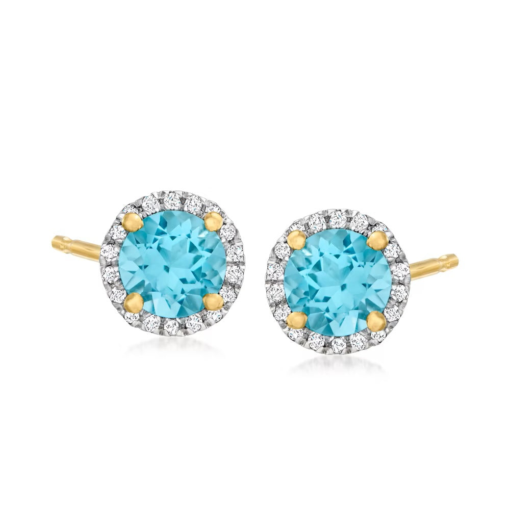 14K Yellow Gold Aquamarine, Diamond Gemstone Studs Earrings