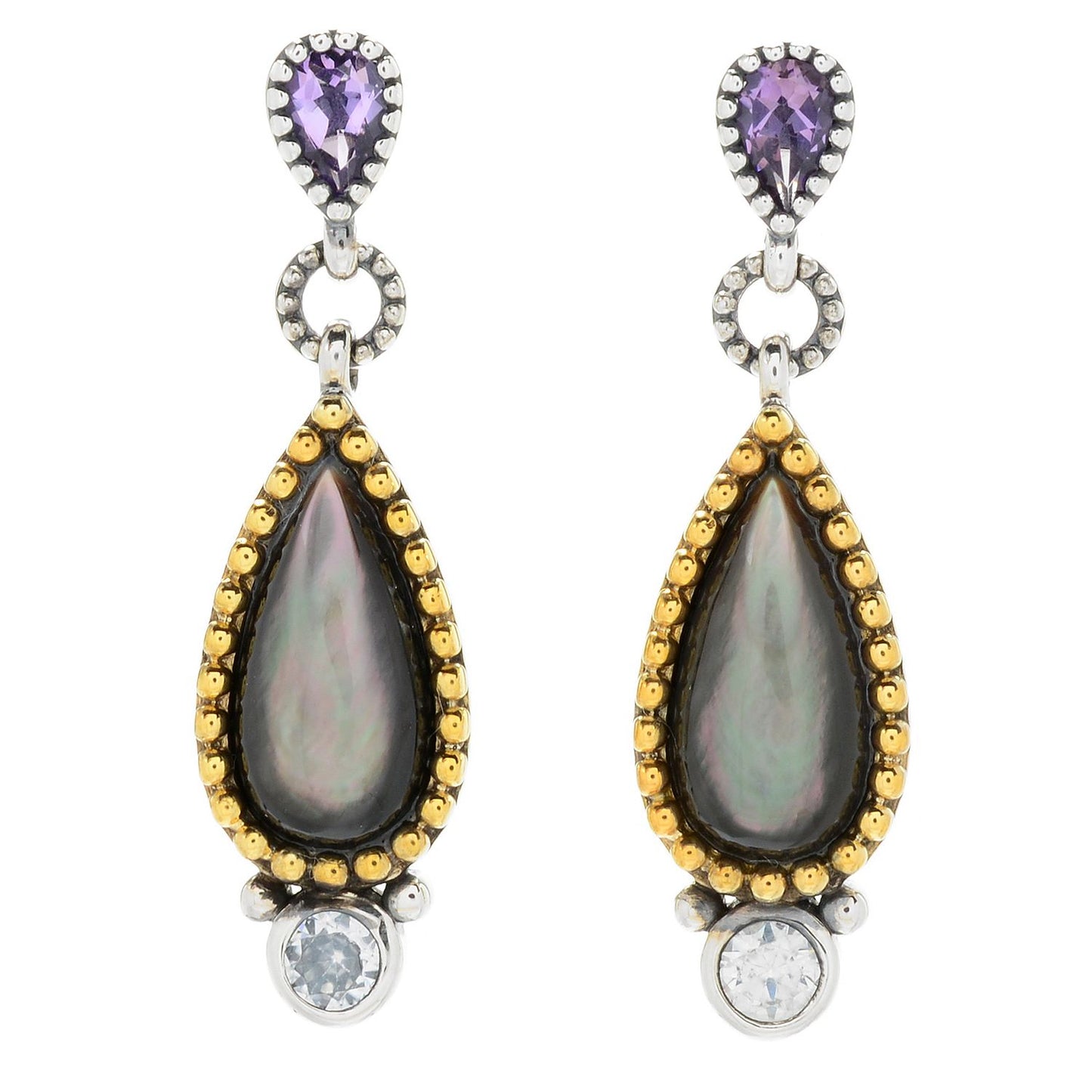 Pinctore Sterling Silver 1.5" Pear Shaped Mother-of-Pearl & Gemstone Drop Earrings