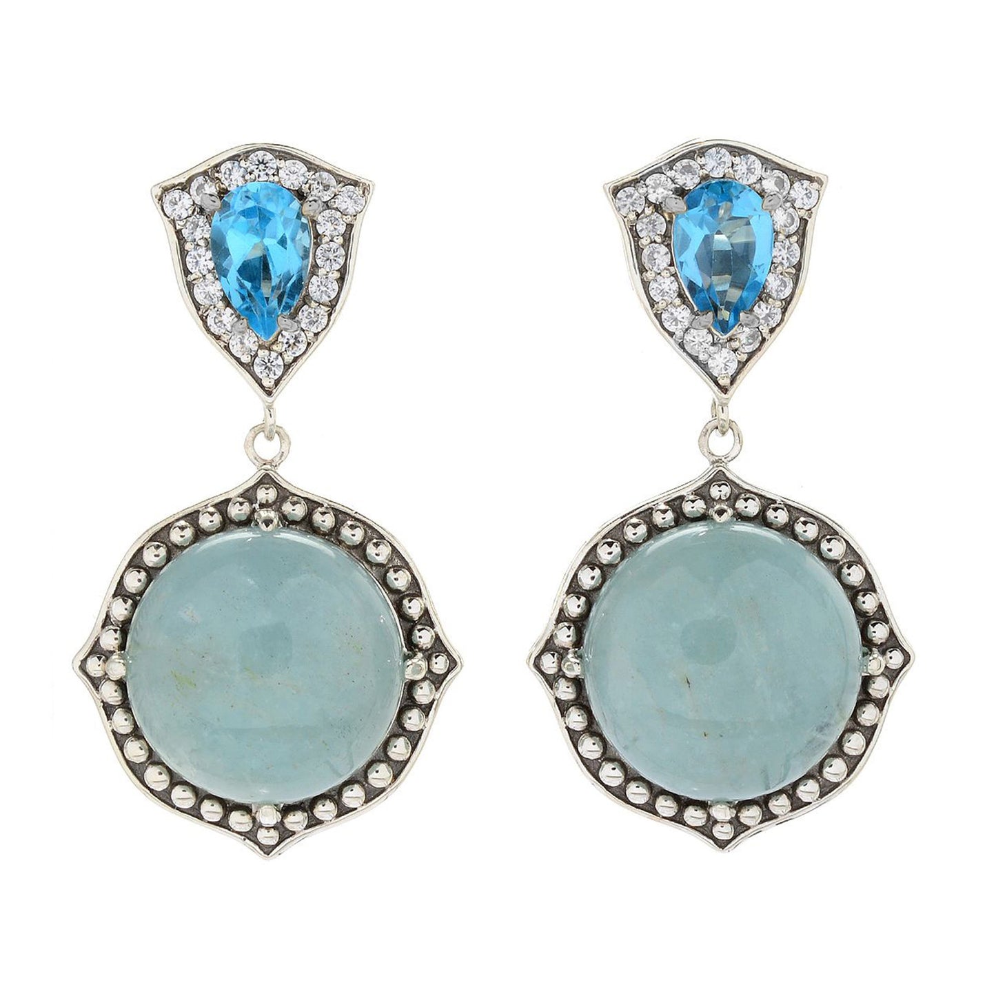 Pinctore Sterling Silver 1.25" 14mm Round Multi Gemstone Halo Drop Earrings