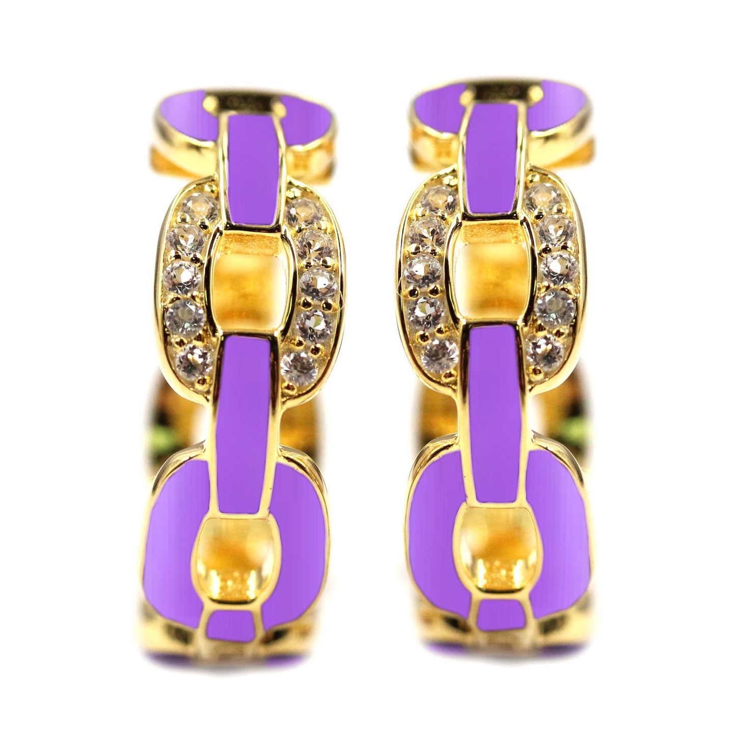 18k Yellow Gold Plated Over Sterling Silver White Zircon and Black Enamel Hoop Earrings