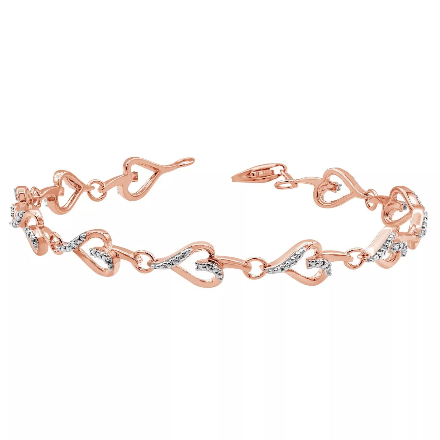 Elegant 7-Inch Rose Gold Over Silver Diamond Heart Tennis Link Bracelet – Perfect Valentine’s Gift