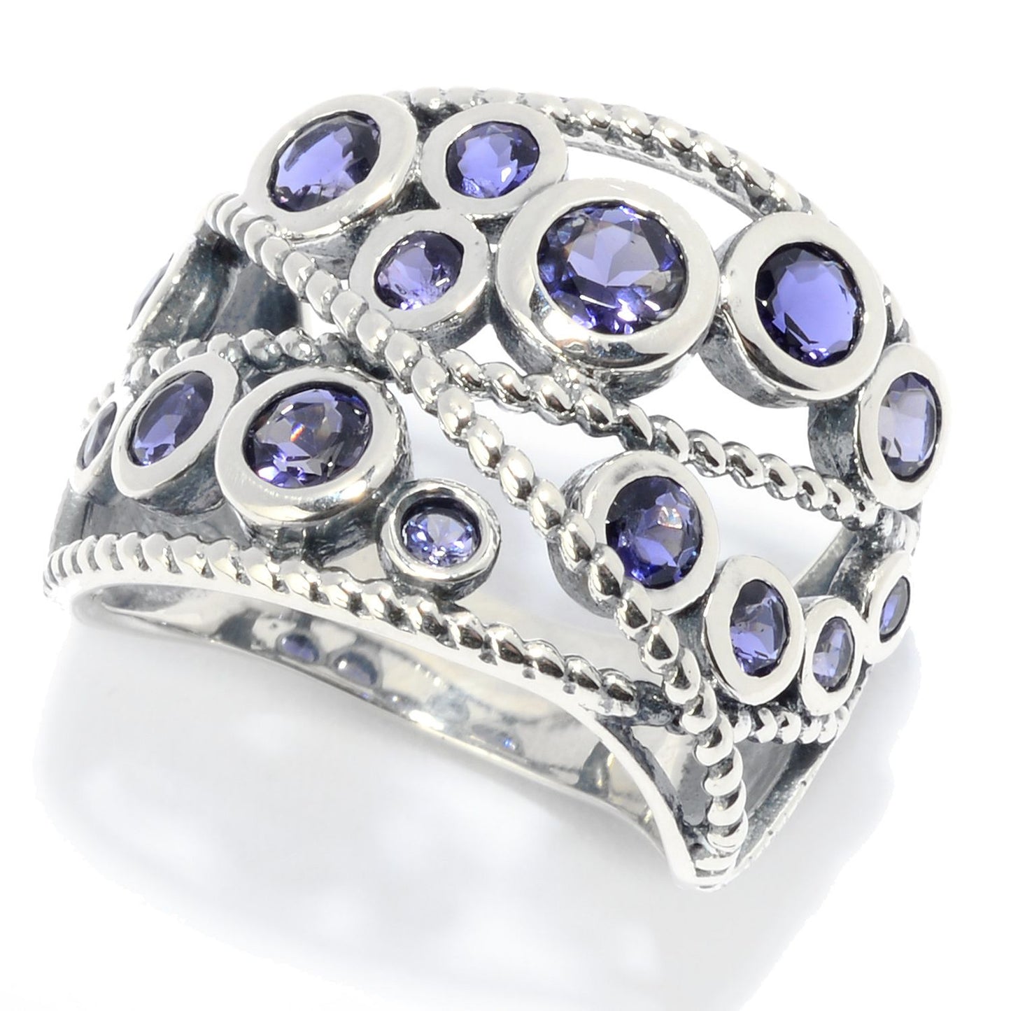 Pinctore Sterling Silver Round Amethyst Beaded Wide Band Ring