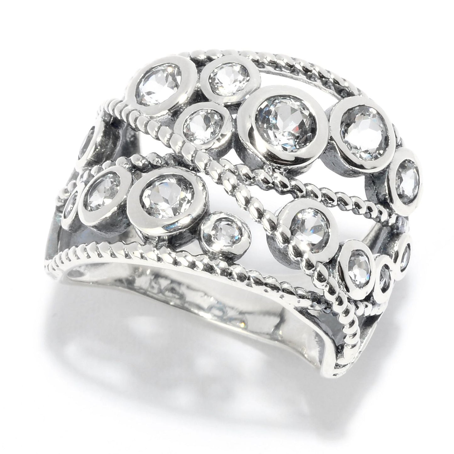 Pinctore Sterling Silver Round Amethyst Beaded Wide Band Ring