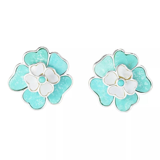 925 Sterling Silver Pearl, Campitos Turquoise Gemstone Flower Earrings