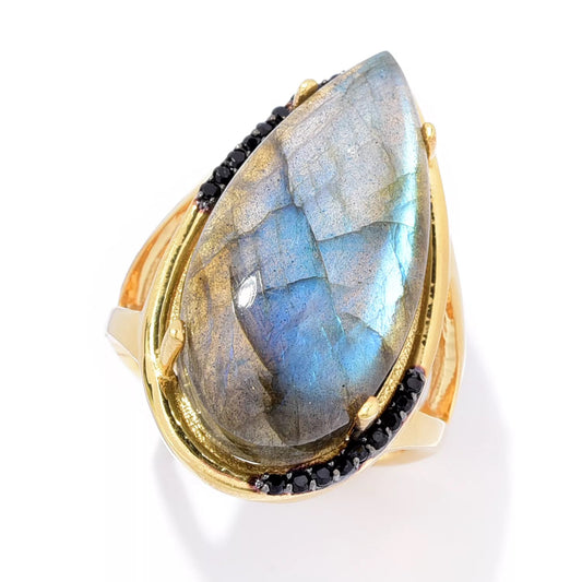 18K Yellow Gold Plated Over Sterling Silver Labradorite Gemstone Solitaire Boho Ring