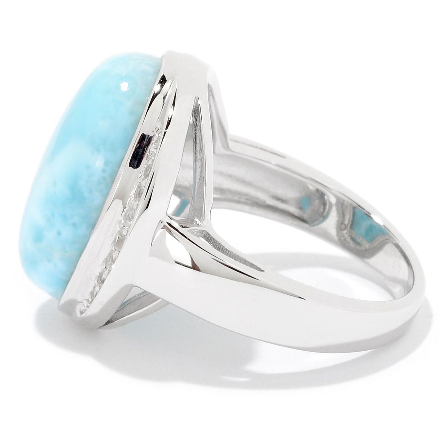 925 Sterling Silver Larimar And White Topaz Gemstone Cocktail Ring