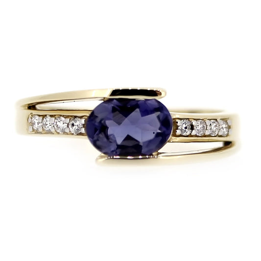 14K Yellow Gold Iolite And Diamond Ring For Women's And Girls
