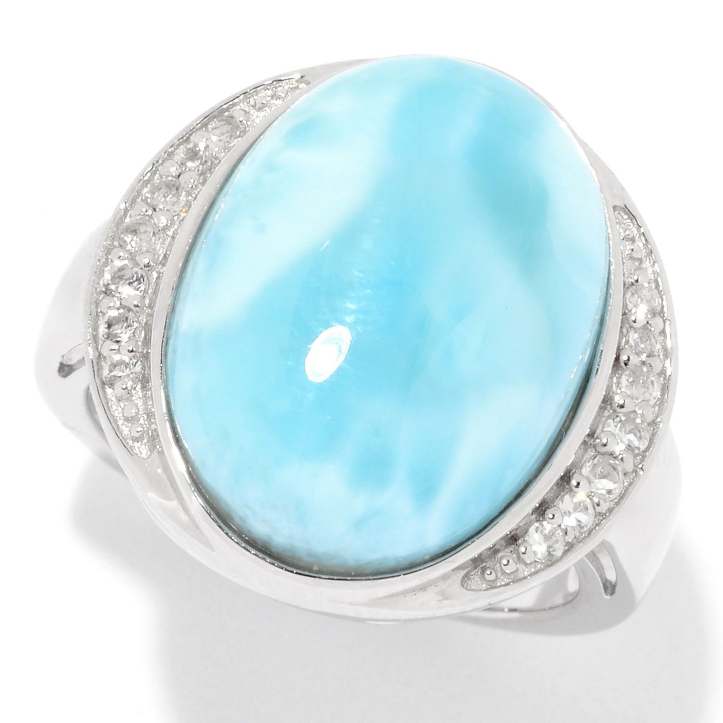 925 Sterling Silver Larimar And White Topaz Gemstone Cocktail Ring