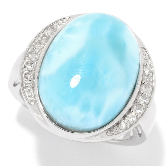 925 Sterling Silver Larimar And White Topaz Gemstone Cocktail Ring