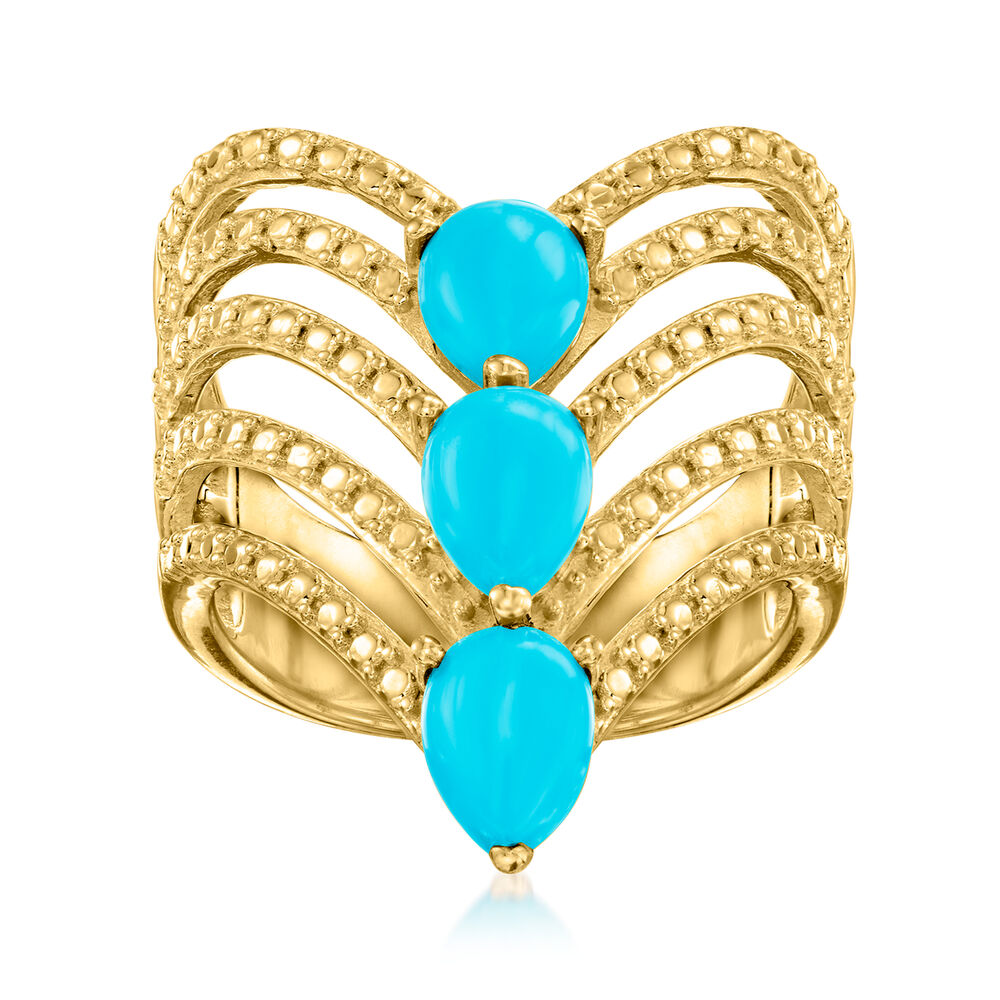 18k Yellow Gold Plated Over Sterling Silver Sleeping Beauty Turquoise 3- Stone Ring
