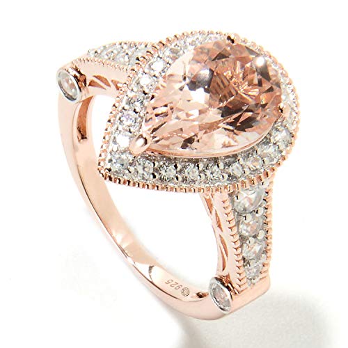 Rose Gold Plated Over Sterling Silver Pear Shaped Morganite and White Zircon Gemstone Solitaire Ring