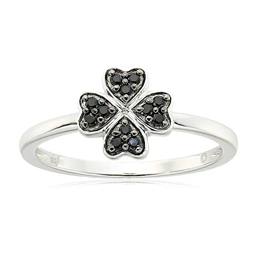 Pinctore Sterling Silver Black Spinel Clover Ring