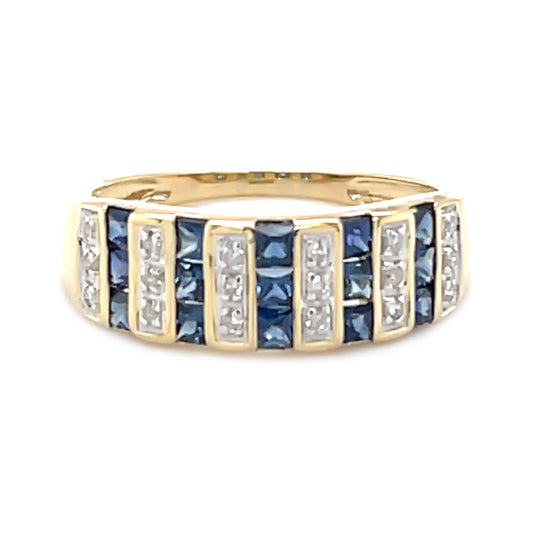 14Kt Yellow Gold Blue Sapphire, Diamond Band Ring