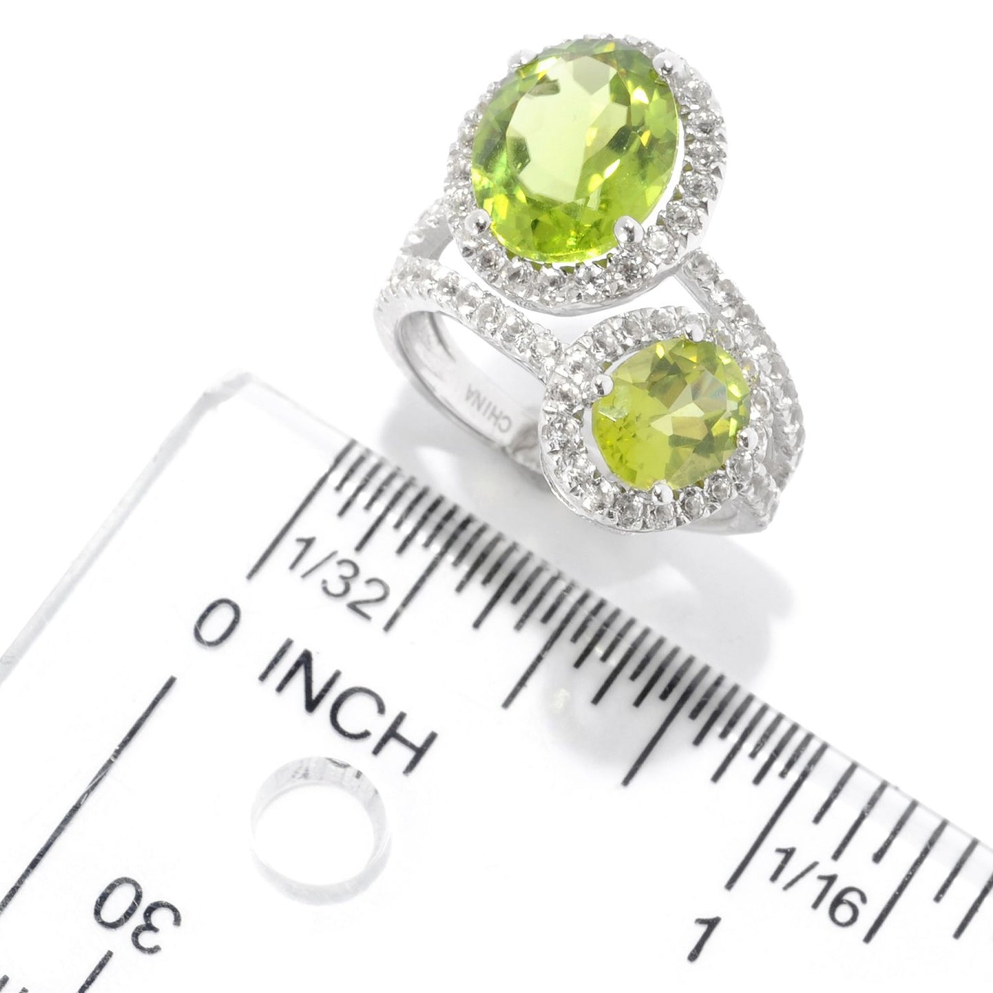 Pinctore Sterling Silver Oval 5.7ctw Peridot & White Topaz Double Halo Ring, Size 7