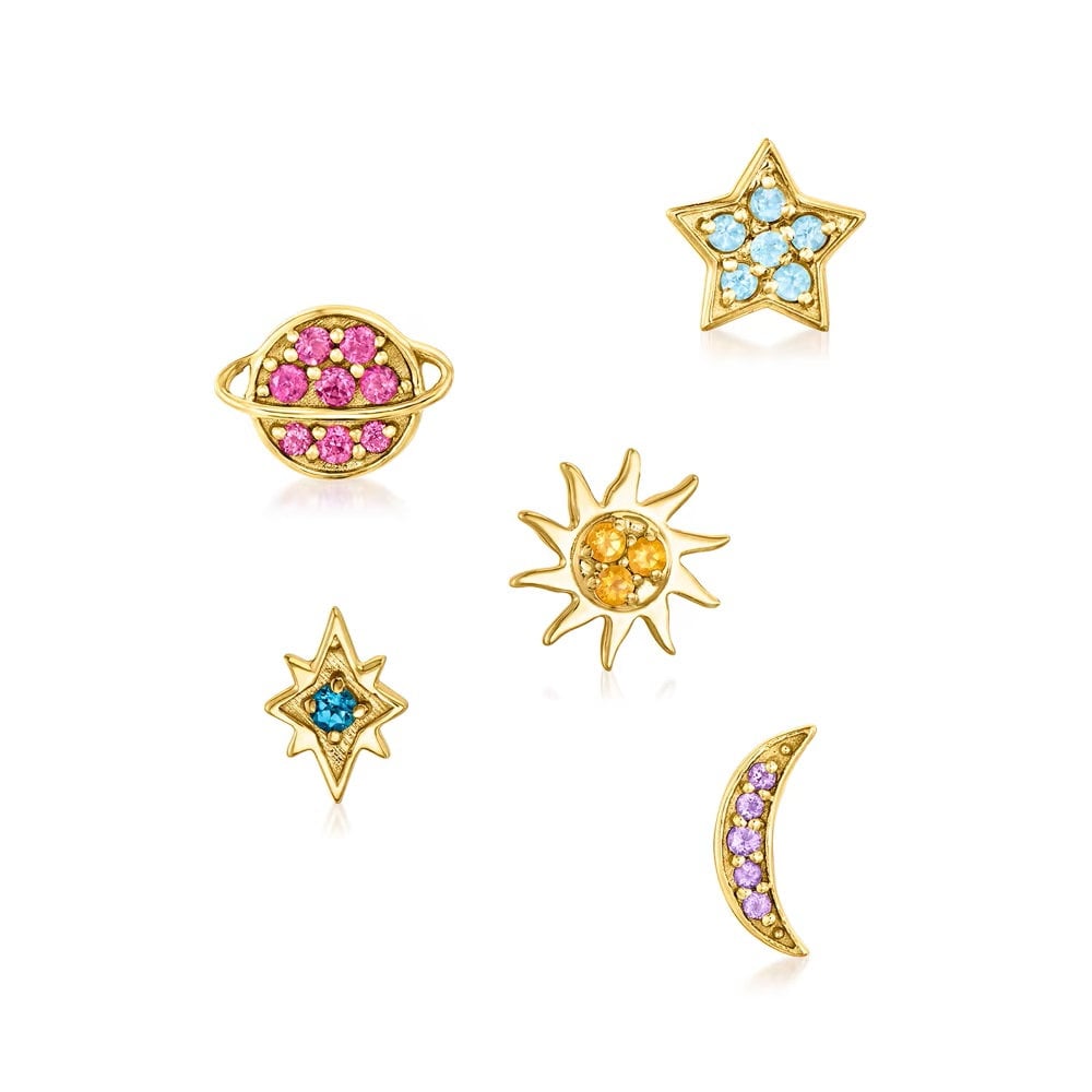 Sterling Silver Over Gold Plated Multi Gemstone Set Of 5 Earring Sets, Star and Celestial Stud