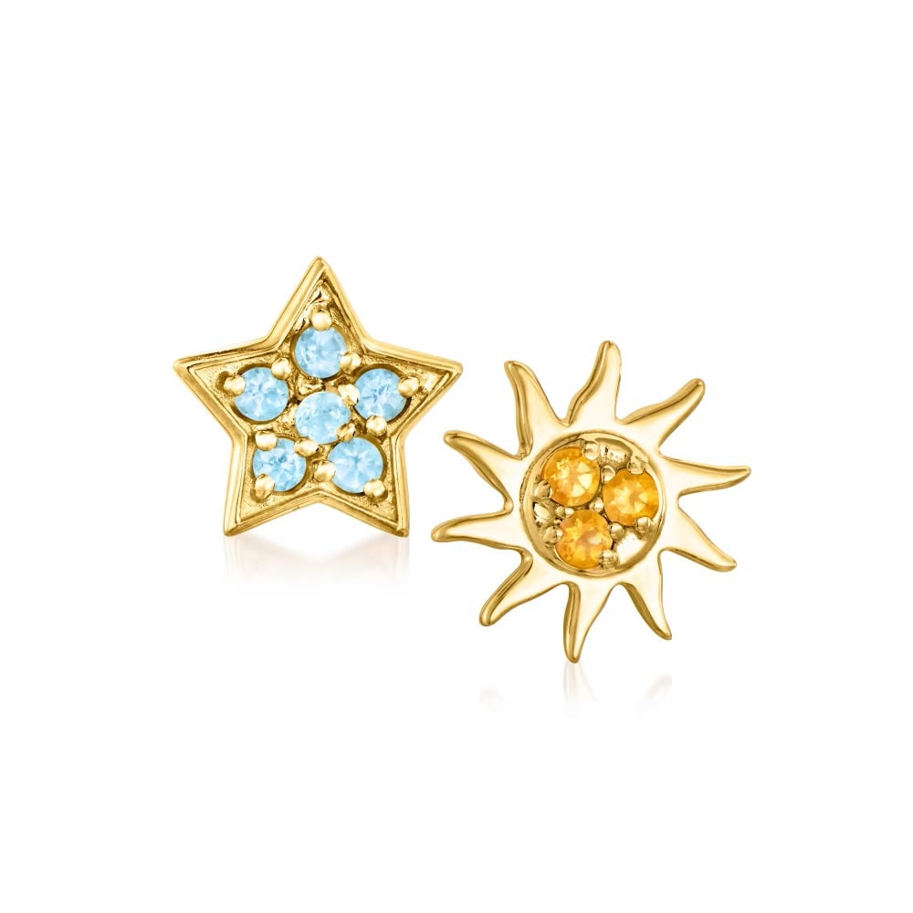 Sterling Silver Over Gold Plated Multi Gemstone Set Of 5 Earring Sets, Star and Celestial Stud