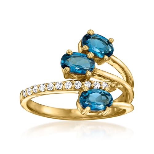 Pinctore yellow Gold Plated Over Sterling Silver London Blue Topaz and White Zircon Gemstone Cocktail Ring