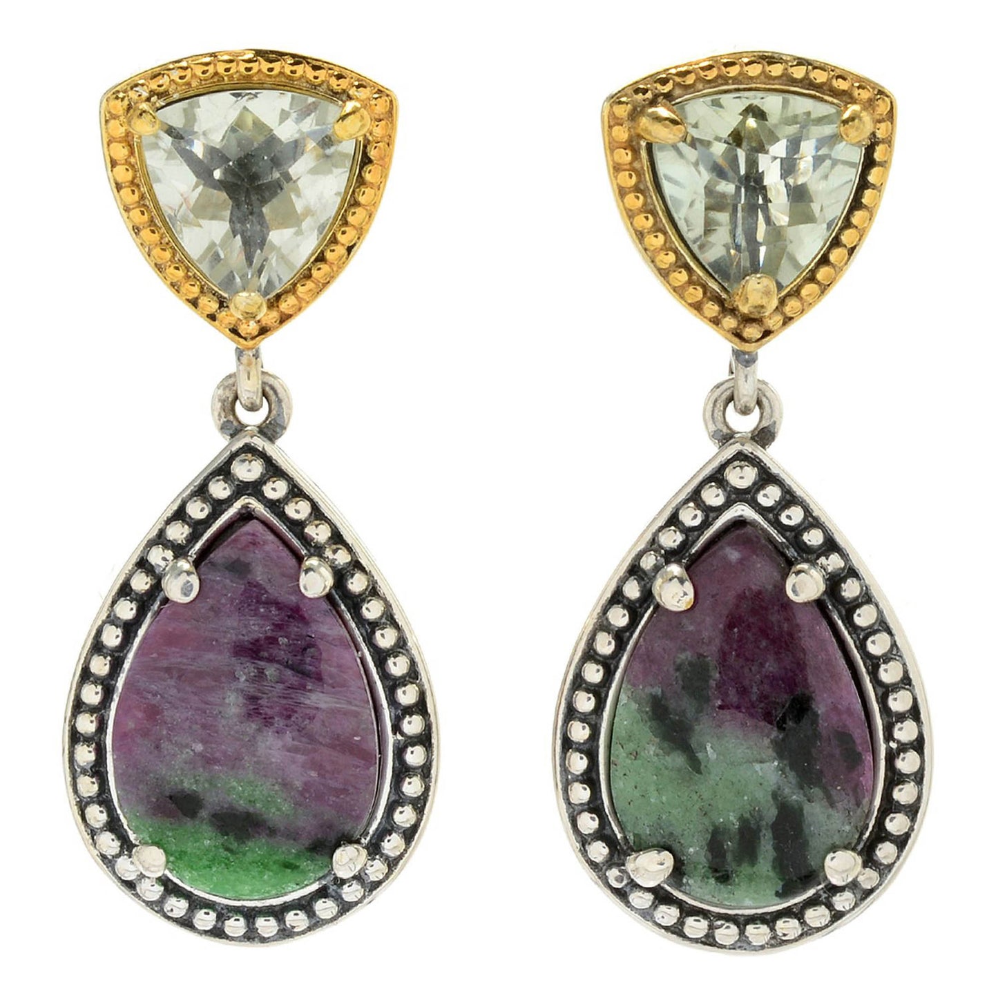 925 Sterling Silver Ruby Zoisite,Green Amethyst Dangle Earrings