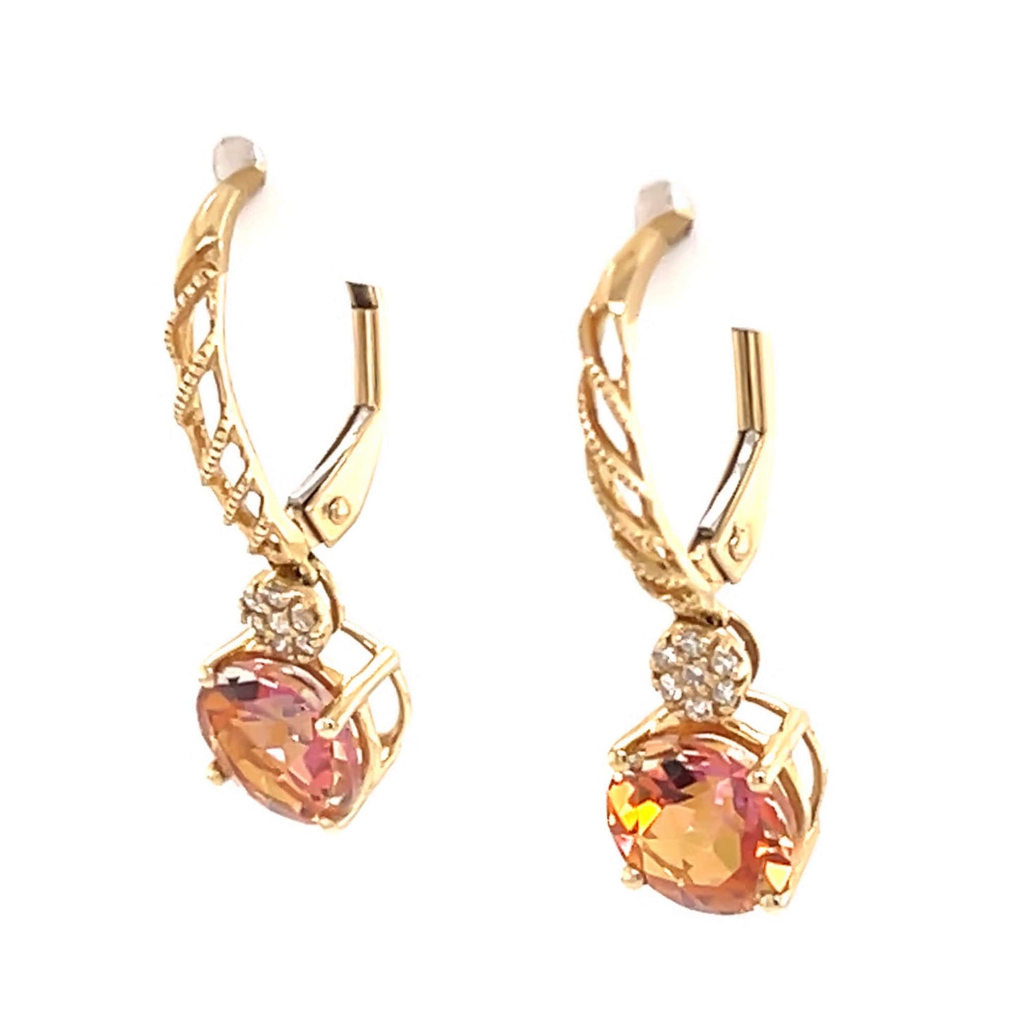 14Kt Gold Sunset Topaz, Diamond Dangle Earrings