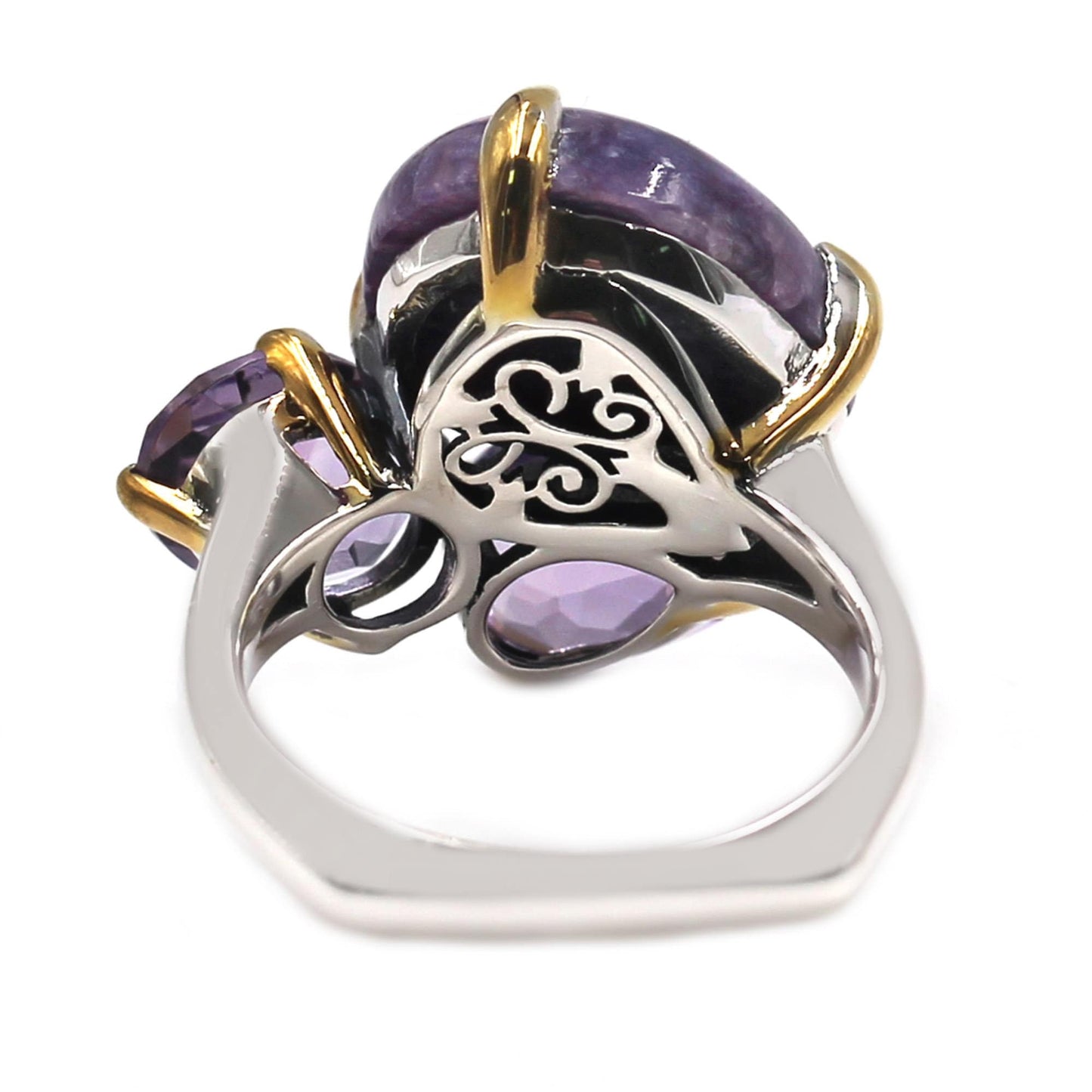 925 Sterling Silver Pink Amethyst and Charoite 3-Stone Ring