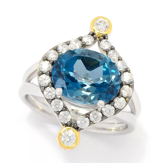 Sterling Silver London Blue Topaz And White Zircon Gemstone Halo Ring