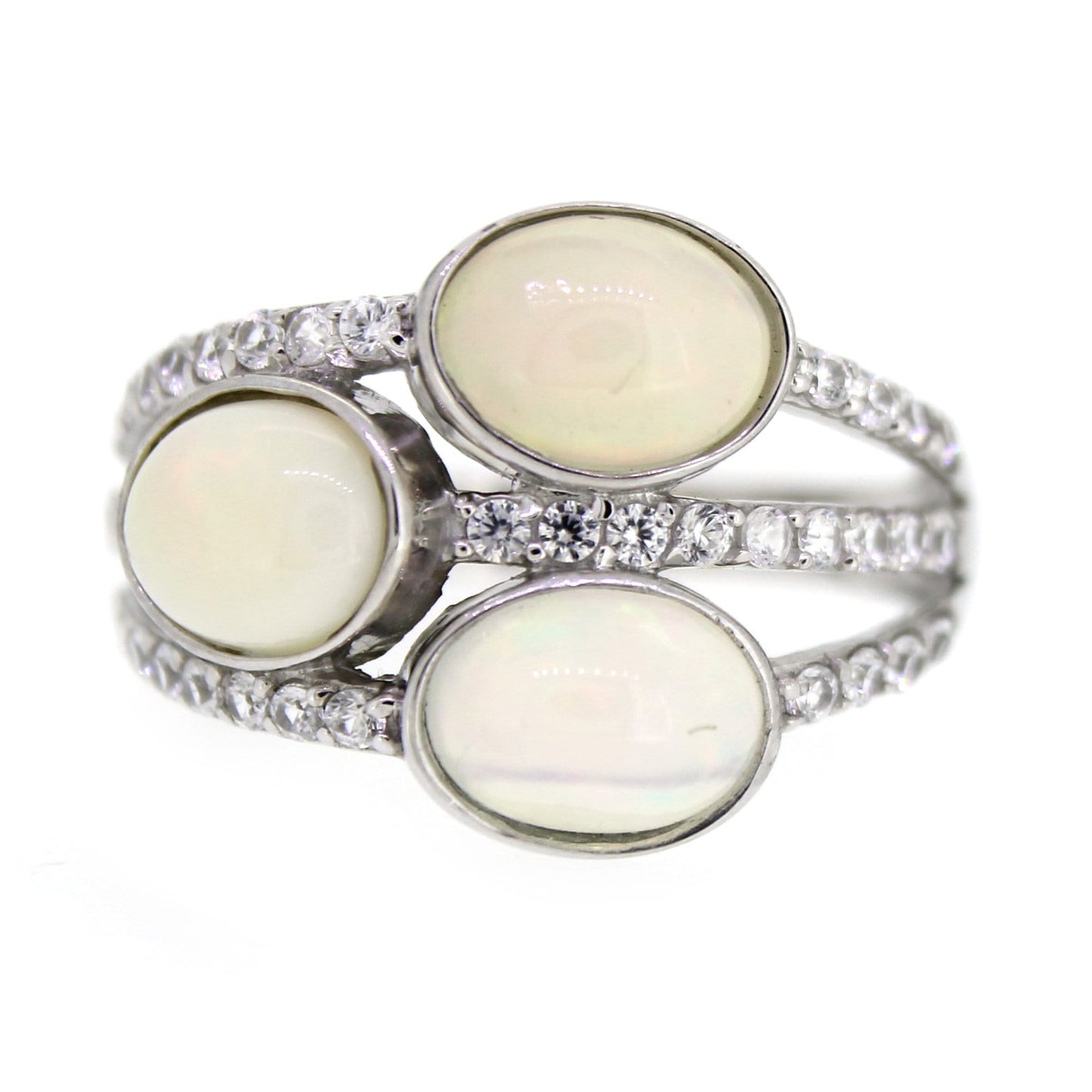 925 Sterling Silver Ethiopian Opal, White Natural Zircon Ring