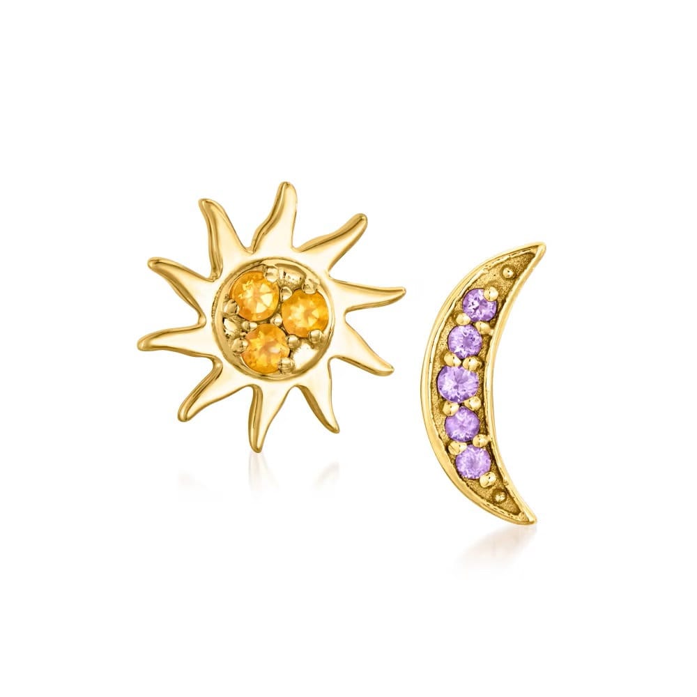 Sterling Silver Over Gold Plated Multi Gemstone Set Of 5 Earring Sets, Star and Celestial Stud