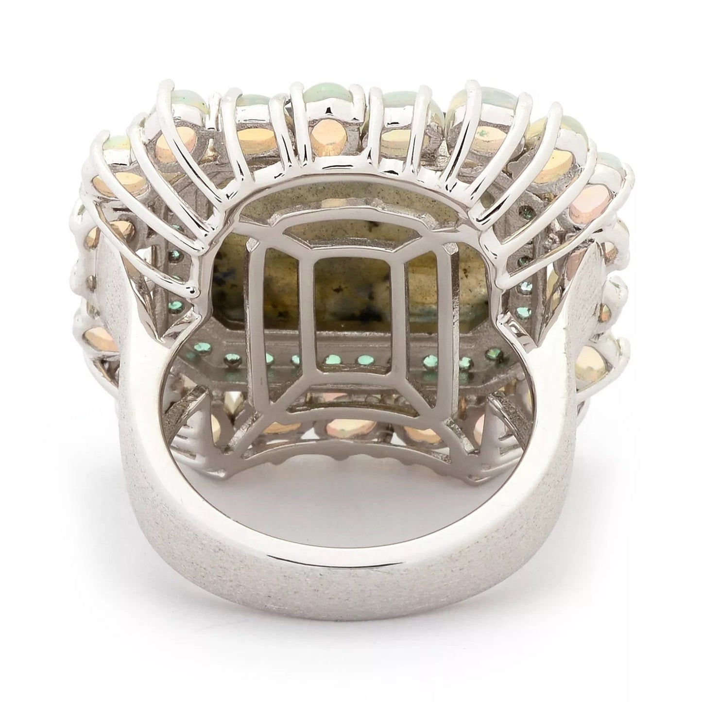 925 Sterling Silver Labradorite, Brazilian Emerald And Ethiopian Opal Gemstone Cluster Ring