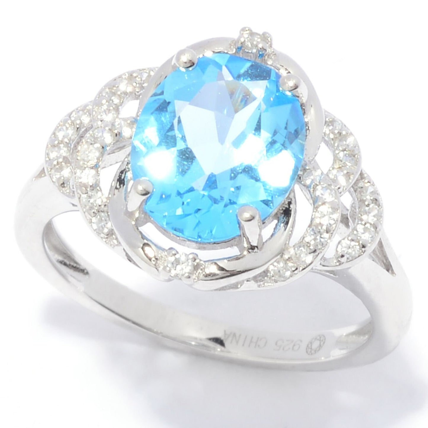 925 Sterling Silver Swiss Blue Topaz and White Zircon Gemstone Ring
