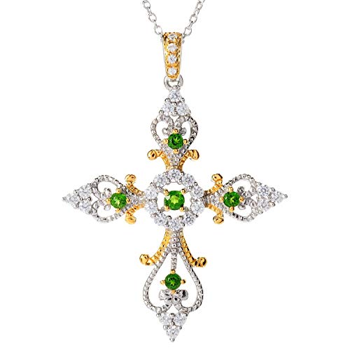 Pinctore Chrome Diopside & White Zircon Cross Pendant w/ 18" Chain