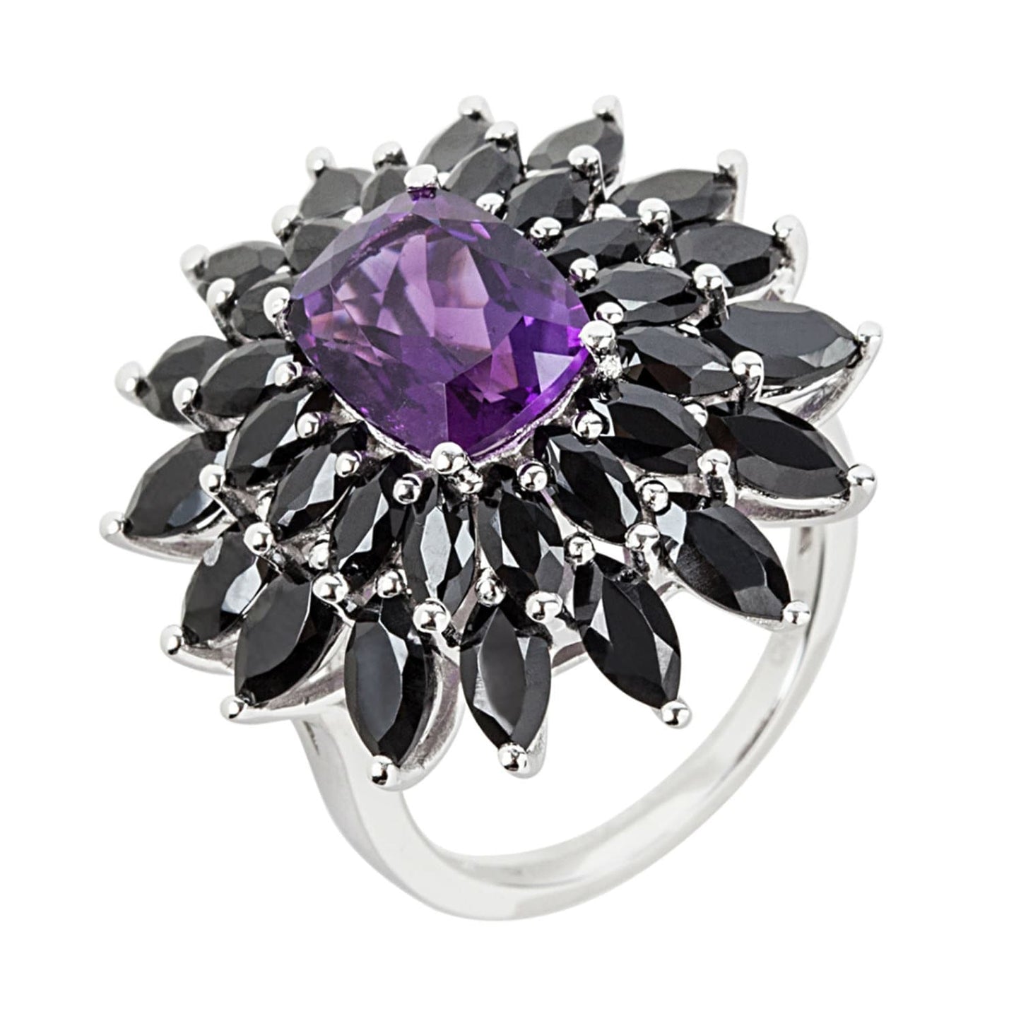 925 Sterling Silver African Amethyst and Black Spinel Ring, US8