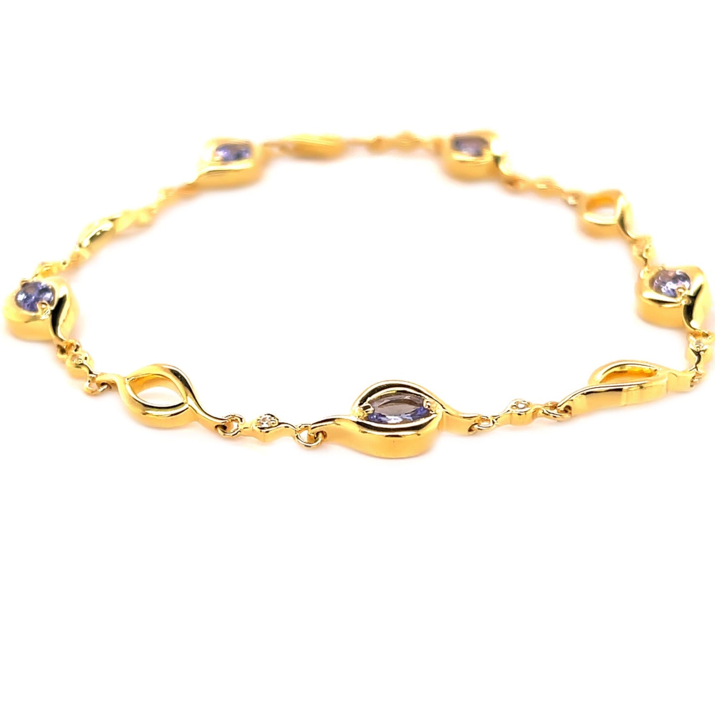 Yellow Gold Plated Over Sterling Silver Tanzanite & White Zircon Gemstone Chain Bracelet