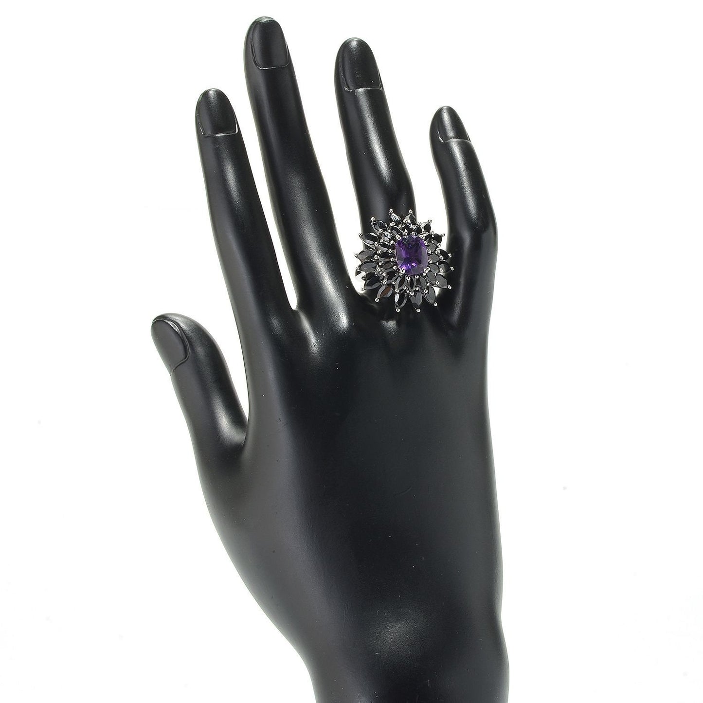 925 Sterling Silver African Amethyst and Black Spinel Ring, US8