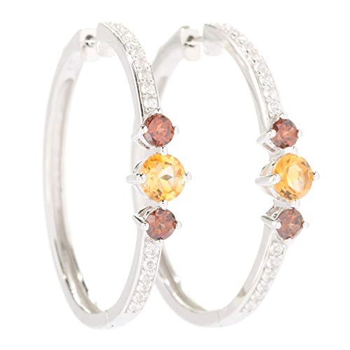 Pinctore Sterling Silver 1.5' Round Citrine & Red Spinel Hoop Earrings