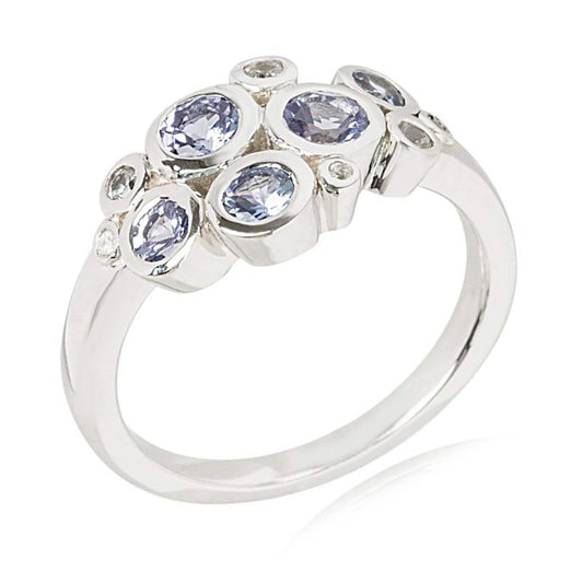 Sterling Silver Tanzanite & White Zircon Gemstone Classic Ring For Womens