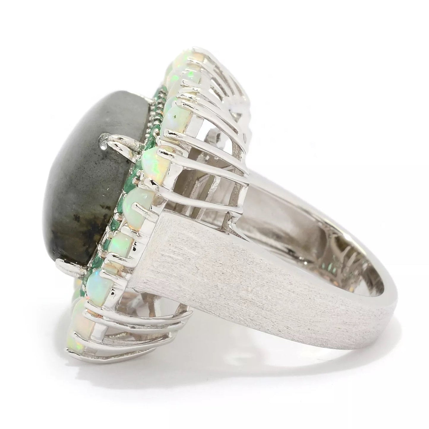 925 Sterling Silver Labradorite, Brazilian Emerald And Ethiopian Opal Gemstone Cluster Ring