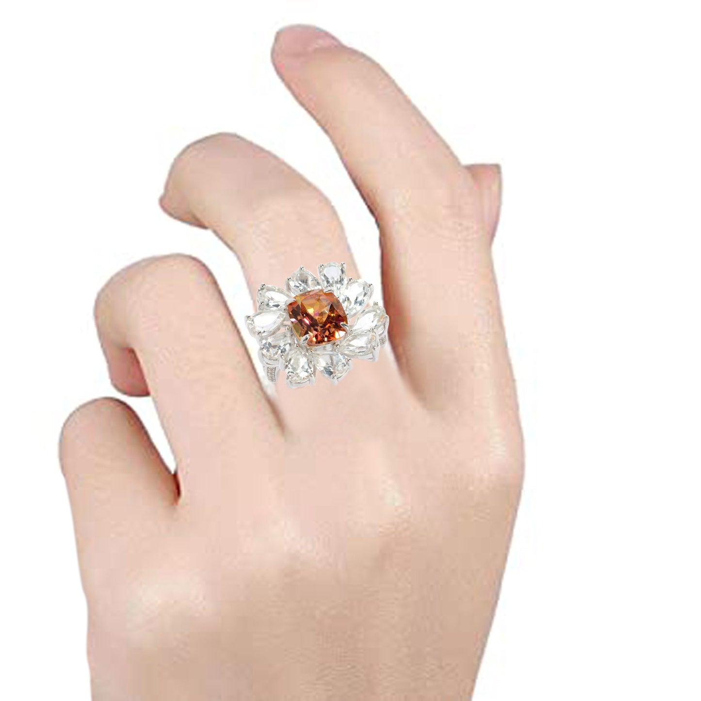 925 Sterling Silver Sunset Topaz And White Topaz Gemstone Cocktail Ring