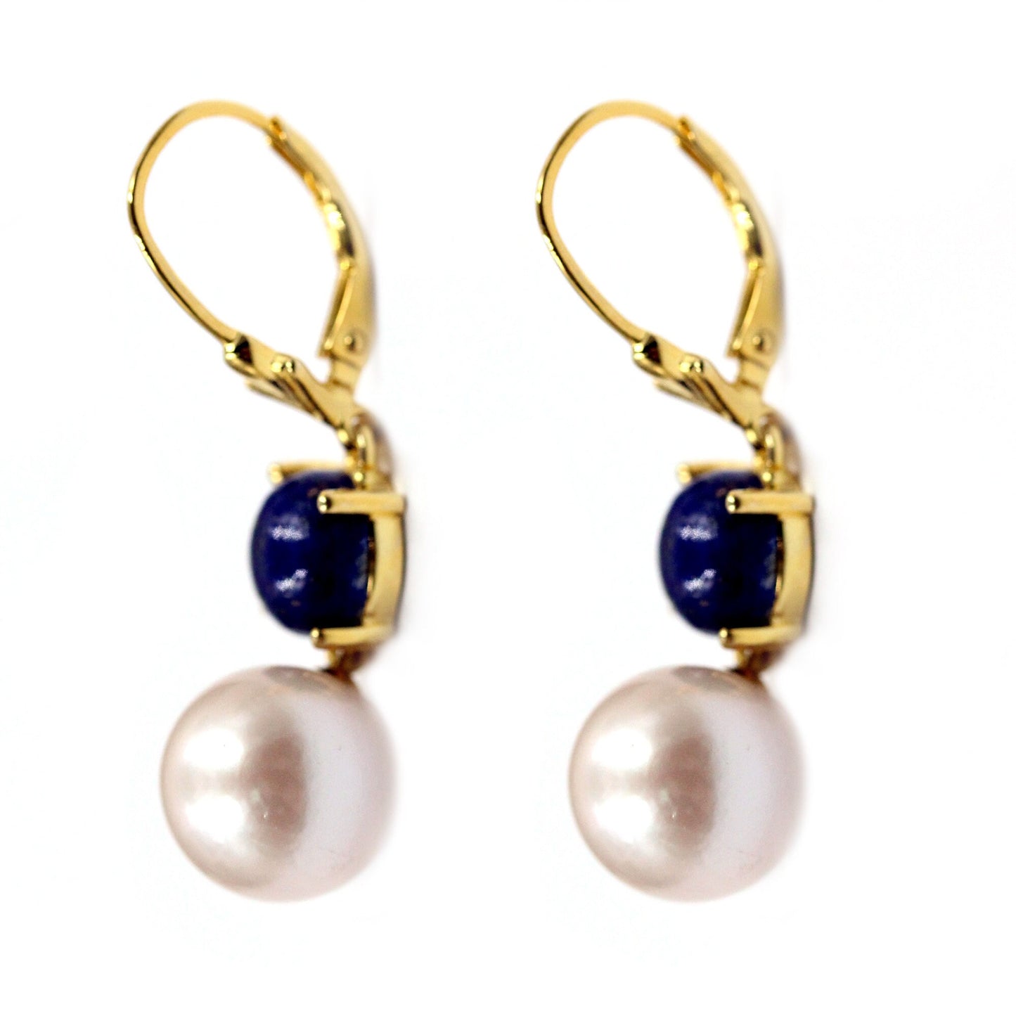 18k Yellow Gold Over Sterling Silver Pearl, Lapis Lazuli Gemstone Drop & Dangle Earrings