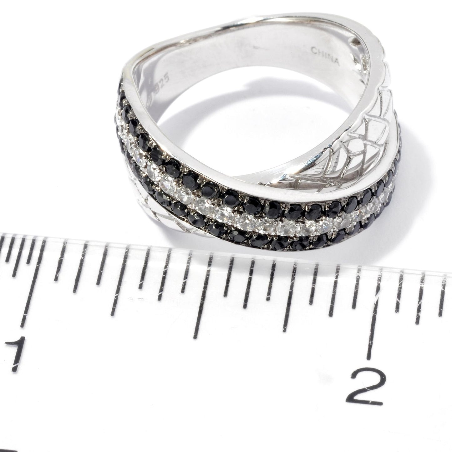 Pinctore Platinum o/Silver 1.46ctw Black Spinel & White Zircon Band Textured Ring, Size 7