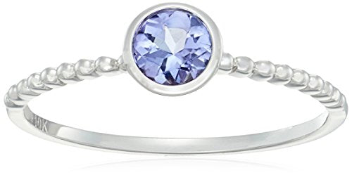 10k White Gold Tanzanite Solitaire Beaded Shank Stackable Ring, Size 7