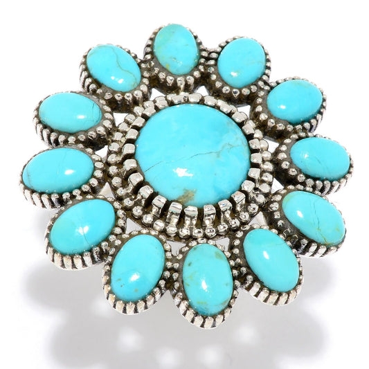 925 Sterling Silver Blue Mohave Turquoise Gemstone " Flower " Ring