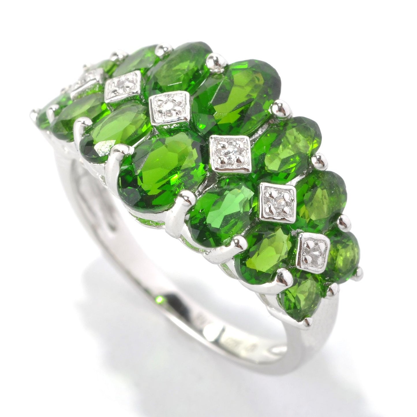 Pinctore Platinum Over Sterling Silver Chrome Diopside and Diamond Accent Graduated Band Ring