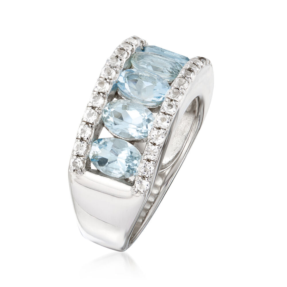925 Sterling Silver Aquamarine and White Sapphire Gemstone Band Rings